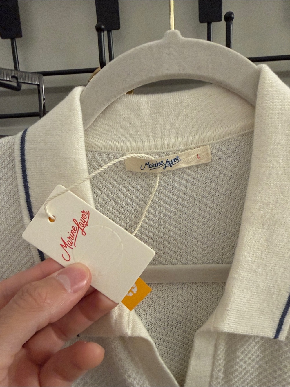 Marine Layer Cream Knit Polo with Navy Contrast Trim - Picture 2 of 5
